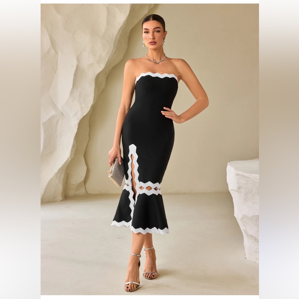 Athina Formal Strapless Black White Scallop Neck Thigh Slit Midi Dress